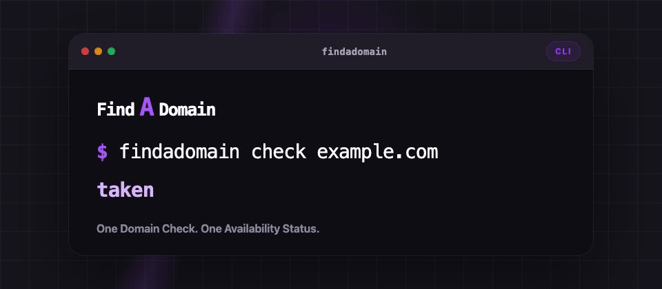 Animated terminal demo showing findadomain CLI usage.
